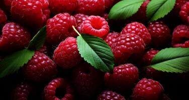 AI generated photo of fresh raspberries with leaves