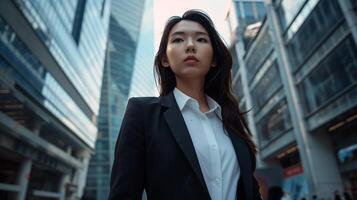 AI generated Career Quest Woman in Suit Searching for Job Opportunity Near Office Center photo