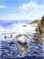 Hand painted watercolor marine landscape with the boat. Watercolor boat painting. Seascape painting. vector