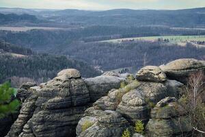 View from Pfaffenstein in black and white. Forests, mountains, vastness, panorama photo