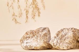 A beige backdrop with a natural stone podium and a dry plant branch provides a minimal copy space backdrop for a cosmetic product presentation. photo