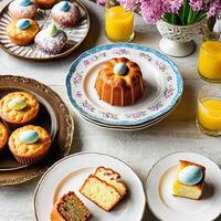 AI generated Traditional Easter baking. Easter cakes. Arranged on beautiful plates to capture the atmosphere of the Easter holiday. photo