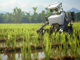 AI generated A robot is planting rice in the rice fields. Farming green technology AI Generative photo