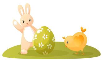 Easter bunny, chicken, and painted Easter egg. A cute pink rabbit waves its paw behind an Easter egg, a yellow chicken pecks at grass. Cute characters for Easter card or children's book vector