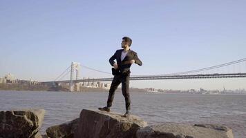 Male Person Walking Over Stone Rocks Overcoming Obstacles and Succeed video