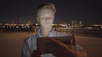 Young Businessman Using Tablet Screen Device in the City video