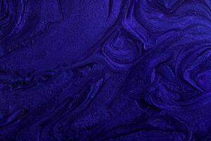 Navy Blue Shimmer Abstract, Makeup Concept with Beautiful Stains of Liquid Nail Lacquers. Fluid Art, Pour Painting Technique. Versatile Horizontal Banner for Backdrops and Chat. photo