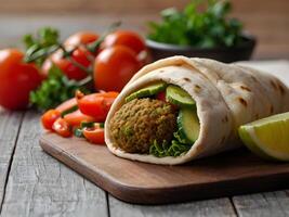 AI generated Falafel and fresh vegetables in pita bread on wooden table photo