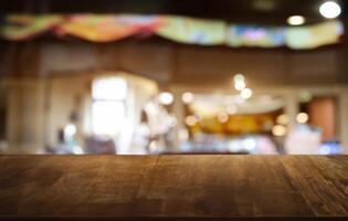 Dark Wooden Table with Abstract Blurred Restaurant Bokeh Background, Ideal for Product Display or Montage Mock Up photo