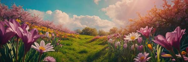 ai generado floreciente primavera antecedentes - manzana arboles en el jardín en flores, el primero primavera flores, naturaleza florece ai generado foto