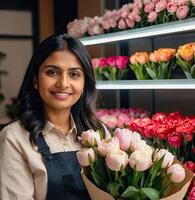 AI generated Indian woman florist collects a bouquet of tulips - fresh cut flowers in boxes and vases in warehouse and racks for sale, delivery for the holiday. Spring, March 8, women's Day, birthday. photo