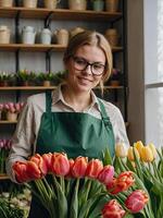 AI generated Woman florist collects a bouquet of tulips - fresh cut flowers in boxes and vases in flower shop and racks for sale, delivery for the holiday. Spring, March 8, women's Day, birthday. photo