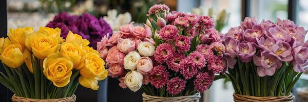 ai generado multicolor primavera flores en un flor tienda - Fresco suministro de cortar flores para primavera vacaciones. tulipanes, rosas, peonias, azafranes, crisantemos, hortensias, jacinto, eustoma. foto