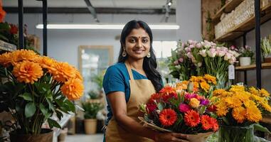 AI generated Indian woman florist collects bouquet of spring flower- fresh cut flowers in boxes and vases in warehouse and racks for sale, delivery for holiday. Spring, March 8, women's Day, birthday. photo