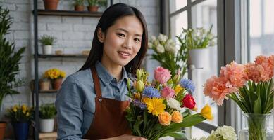 AI generated Asian woman florist collects a bouquet of spring flowers- fresh cut flowers in vases in flower shop and racks for sale, delivery for the holiday. Spring, March 8, women's Day, birthday. photo