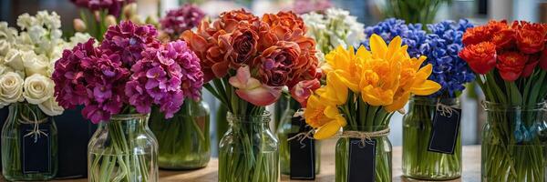 AI generated Multicolored spring flowers in a flower shop - fresh supply of cut flowers for spring holidays. Tulips, roses, peonies, crocuses, chrysanthemums, hydrangeas, hyacinth, eustoma. photo