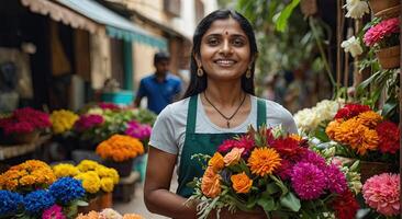 AI generated Indian woman florist collects bouquet of spring flower- fresh cut flowers in vases in warehouse and racks for sale, delivery for holiday. Spring, March 8, women's Day, birthday. photo