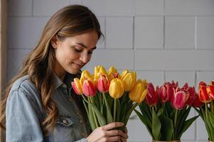 AI generated Woman florist collects a bouquet of tulips - fresh cut flowers in boxes and vases in flower shop and racks for sale, delivery for the holiday. Spring, March 8, women's Day, birthday. photo