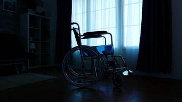 Silhouette of wheelchair next to a big window in empty room video