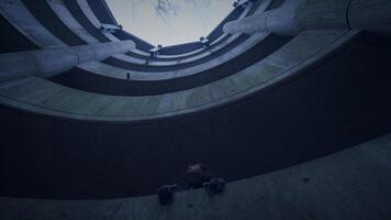 Hooded Fearless Woman Walking in Abandoned Urban Town at Twilight Light video