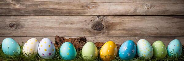 ai generado multicolor Pascua de Resurrección huevos en el mesa con primavera flores - Pascua de Resurrección bandera con un espacio para texto. rústico Pascua de Resurrección antecedentes foto