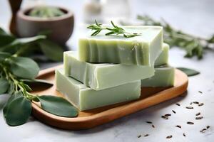 AI generated A few pieces of eucalyptus soap. Natural handmade soap photo