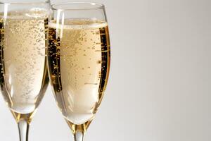 AI generated Two glasses of champagne on a light background. Wedding celebration with sparkling. photo