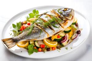 AI generated Cooked sea bass with vegetables on a white plate. Healthy balanced food, Mediterranean diet. photo