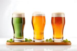 AI generated Happy St. Patrick's Day. Three glasses of different beer photo