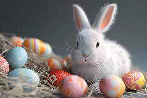 AI generated Happy Easter. Easter bunny in the grass with colored Easter eggs photo