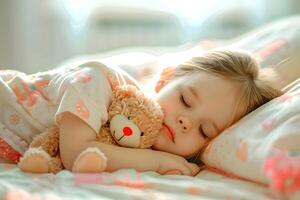 ai generado mundo dormir día. un pequeño niña duerme con un osito de peluche oso foto