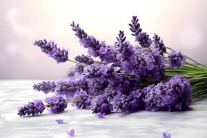 ai generado un ramo de flores de lavanda en un ligero antecedentes foto