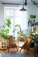 Tropical indoor plants in the interior room white loft in country house, wooden furniture, firewood for fireplace in sunlight. Houseplant Growing and caring for potted plant, green home in cottage photo