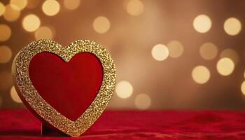 AI Generated Love, Heart, Celebration. heart on textured surface beneath, soft focus golden lights create bokeh in background. Celebration card or romantic events invitation. Valentine day photo