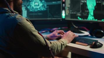 Developer using EEG headset device to upload his brain into computer, attaining immortality. Neuroscientist runs experiment, transfers consciousness into cyberspace, transhumanism concept, camera A video