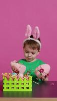 Small pleased child presenting hid handcrafted ornaments created in preparation of easter holiday celebration. Young boy with bunny ears showing painted decorations, a rabbit and an egg. Camera B. video