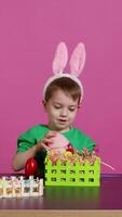 Joyful smiling boy decorating baskets and arrangements for easter sunday celebration, putting plastic grass and fake flowers to craft festive decorations. Happy toddler with bunny ears. Camera B. video