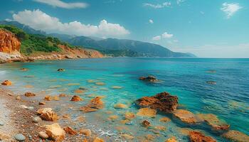 AI generated Rocky beach during summer. Beach and the ocean with clouds. Ocean view photo