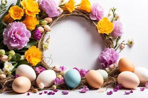 AI generated Multicolored Easter eggs frame with spring flowers - Easter card with a space for text. rustic Easter background photo