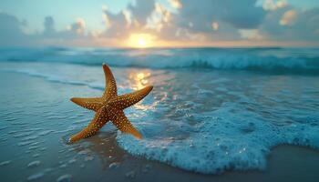 ai generado estrella de mar en el playa. estrella de mar en el arena de cerca. de cerca de un mar estrella en un arenoso playa en tropical ubicación foto
