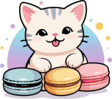 ai genererad Lycklig söt kattunge och färgrik macarons, gott illustration, tecknad serie för ungar, Kafé, mat, sommar, bebis dusch, barnkammare png