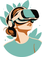 AI generated Green theme of isolated woman wearing Virtual Reality VR headset illustration on transparent background png, painting style virtual reality for nature exploration, futuristic technology png