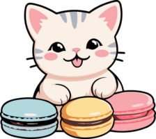 ai gerado feliz fofa gato e colorida macarons, saboroso ilustração, desenho animado para crianças, cafeteria, comida, verão, bebê banho, berçário png