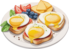 ai genererad vattenfärg stil av utsökt ägg benedict och frukt, isolerat illustration på transparent bakgrund png, perfekt design element för snabbt friska frukost aning, mat och hälsa png