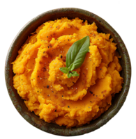 AI generated Sweet potatoes puree in a wooden bowl on a transparent background png