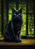 ai generado retrato de un negro gato con amarillo ojos en un oscuro antecedentes. ai generativo foto