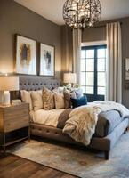 AI generated interior of classic bedroom, comfortable king size bed. ai generative photo
