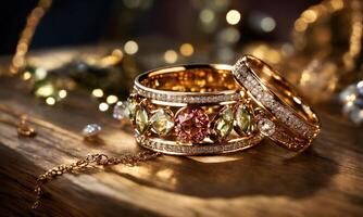 AI generated jewelry diamond ring on wooden table with bokeh background. ai generative photo