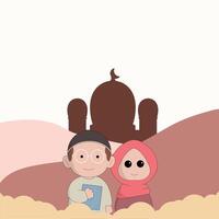 character cute ramadhan concept illustration happy muslim celebrate holy month ramadhan mosque sillhouette vector illustration