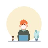 Man at desktop working with laptop Corporate worker Freelancer or office worker. Vector illustration in simple concept flat style